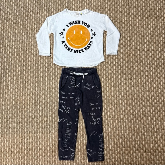 Zara Girl Collection 2 Pc Set SMILEY FACE Tee & Crop Sweatpants Sz 9 Year/134 Cm - Picture 2 of 11